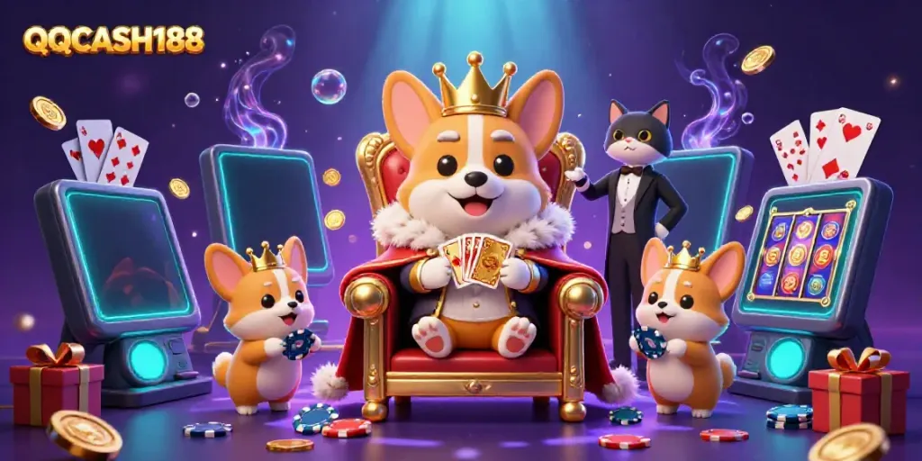 Experience the excitement of QQCASH188 with a royal corgi on a poker throne surrounded by gaming elements.