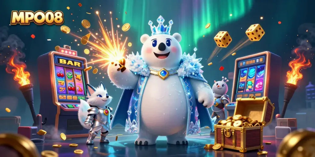 Engage with MPO08 in this vibrant casino scene featuring characters surrounded by slot machines and jackpots.