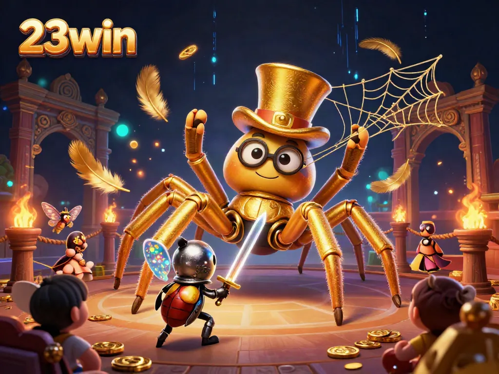 Experience thrilling gameplay at 23win with a cartoon tarantula, knight, and moths in an exciting casino scene.