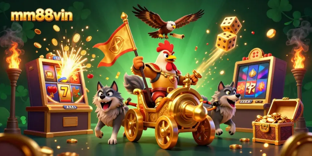 Experience thrilling slots and wins at mm88vin with a vibrant 3D casino scene full of action.