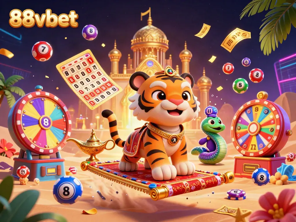Engage with the vibrant magic of 88vbet in this stunning 3D casino illustration featuring a tiger sultan and genie.