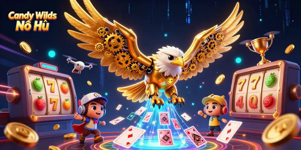 Candy Wilds Nổ Hũ features a dynamic scene with a golden eagle and slot reels amidst casino excitement.