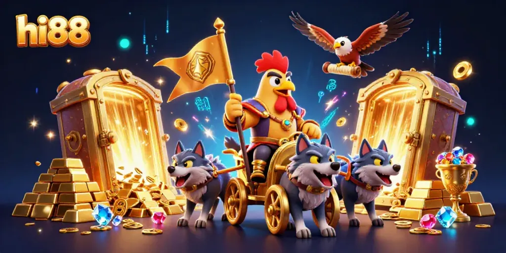 Engage with exciting hi88 casino adventures featuring a rooster warlord in a grand battle chariot.