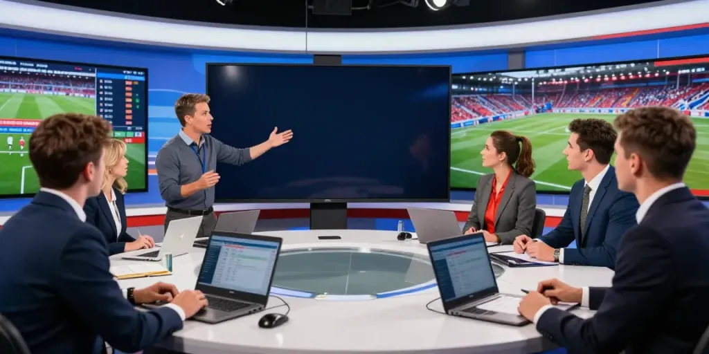 Football analysts discussing the latest ข่าวตลาดซื้อขายนักเตะ in a vibrant studio, showcasing teamwork and insights.