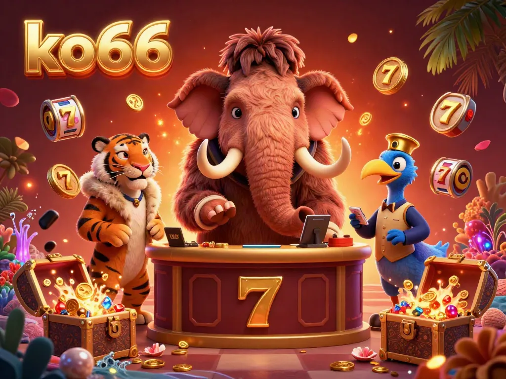 Experience the luxury of ko66 with a vibrant online casino scene featuring a mammoth bouncer and a saber-tooth tiger VIP.