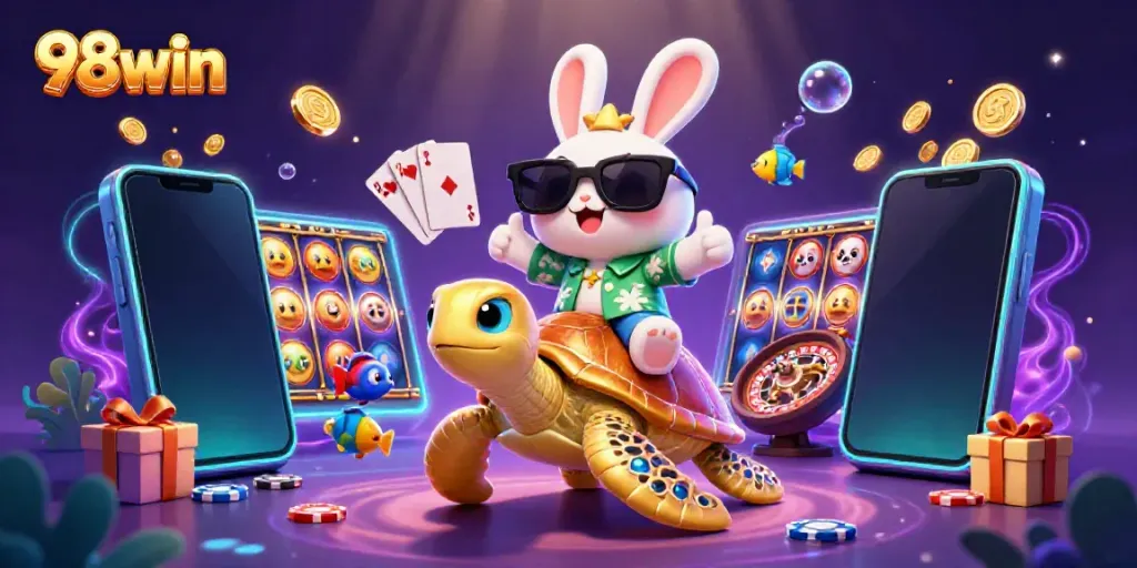 Experience thrilling gaming action with 98win's vibrant casino illustration featuring a lucky rabbit and golden turtle.