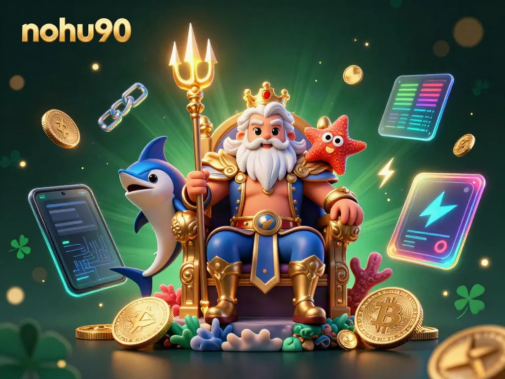 Experience the thrill of nohu90 with Neptune and vibrant crypto elements in a captivating casino scene.