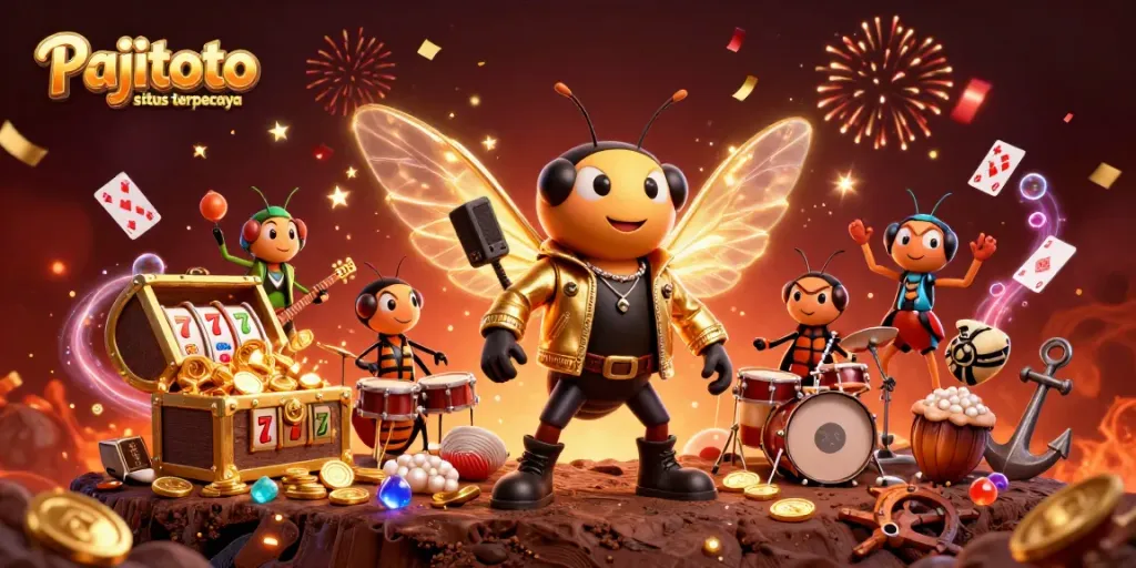 Pajitoto situs terpercaya showcases a lively 3D casino scene with a cicada rock star and game elements, enhancing excitement.