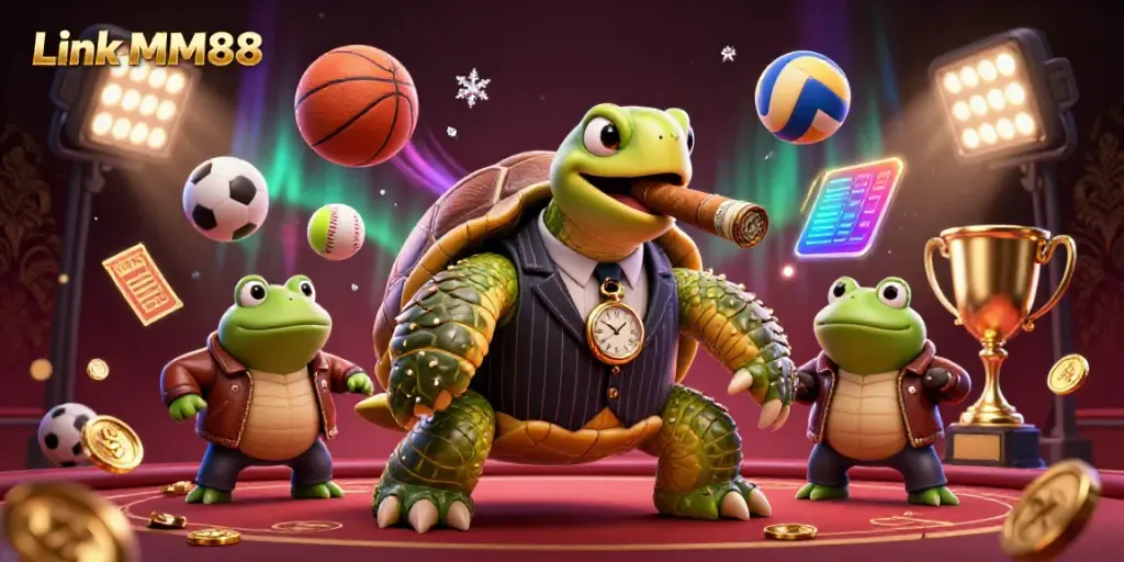 Engage in thrilling sports betting with Link MM88 amidst a vibrant casino scene featuring a mobster turtle.