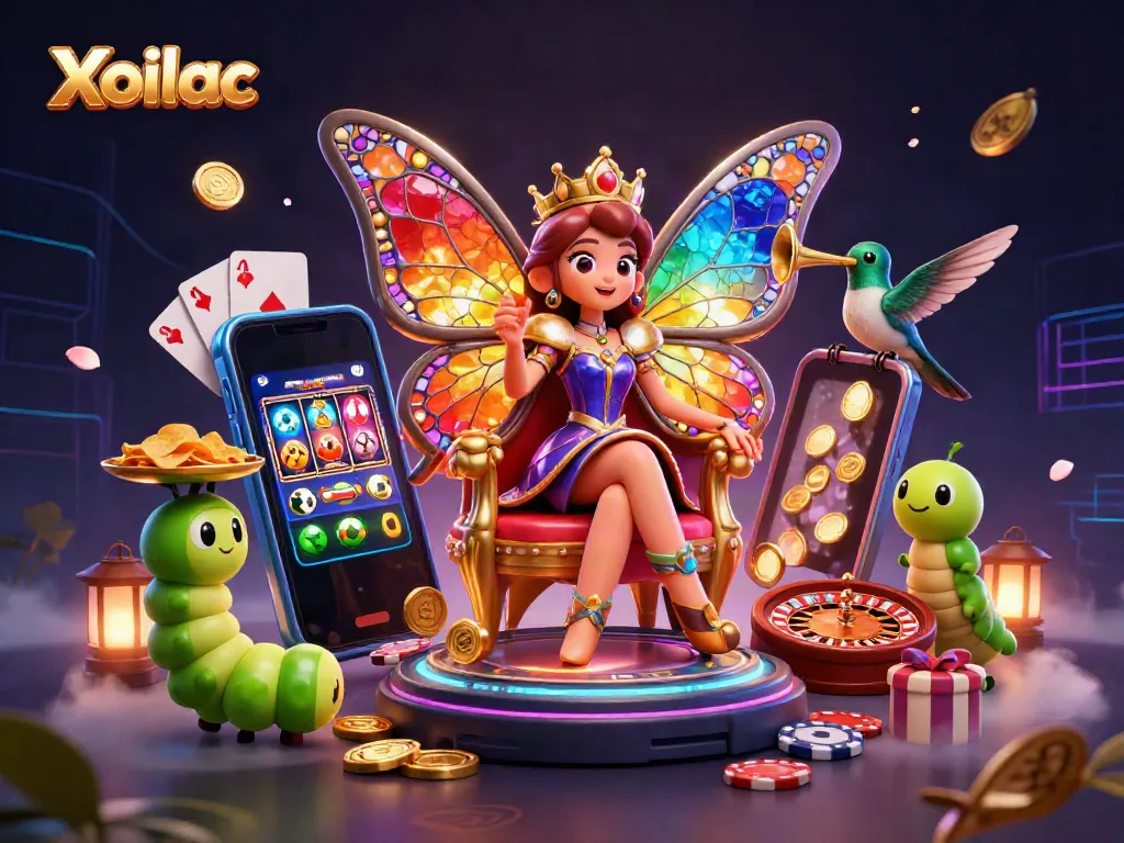 Engage with Xoilac's vibrant 3D illustration featuring a butterfly queen amid dazzling sports betting elements.