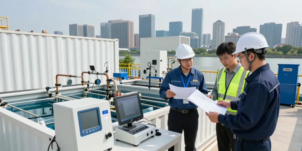 Containerized water treatment system by QILEE, inspected by engineers, showcasing advanced technology and urban application.