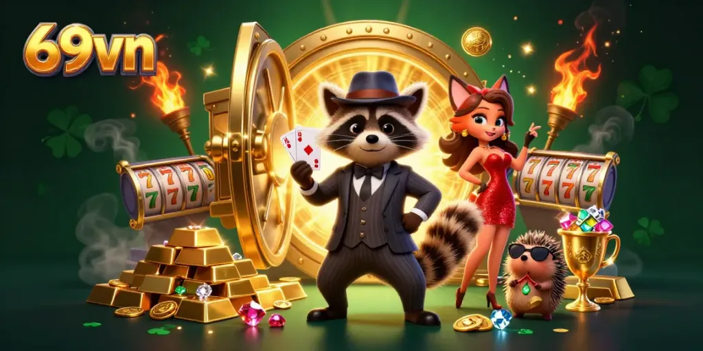 Experience the thrill of winning at 69vn with this vibrant 3D casino scene featuring charming animal characters surrounded by treasures.