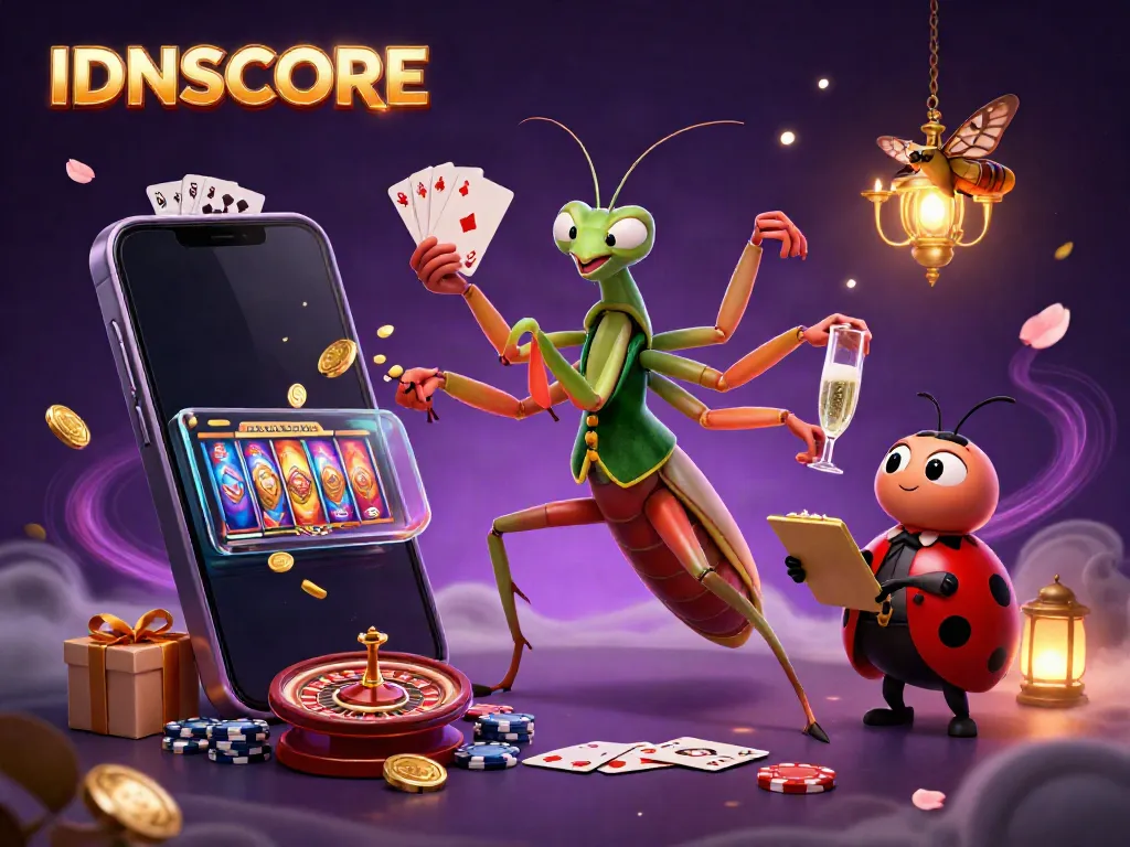 Experience IDNSCORE with a praying mantis card sharp, ladybug pit boss, and dynamic gaming elements.