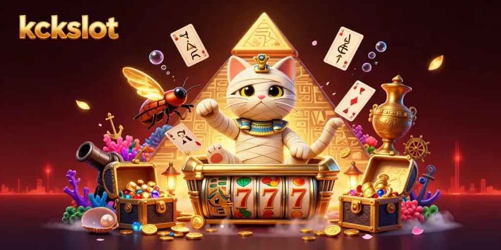 Putaran slot kckslot dengan karakter mummy, dikelilingi harta karun dan permainan yang menarik.