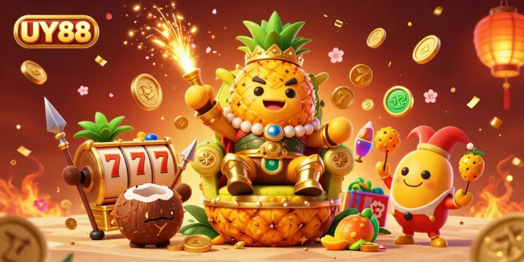 Experience the vibrant UY88 casino with a golden pineapple king and dynamic game elements in a tropical beach setting.