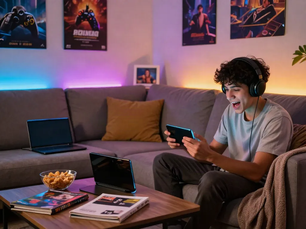 Engaged player enjoying mod apk gaming experience in a cozy living room.