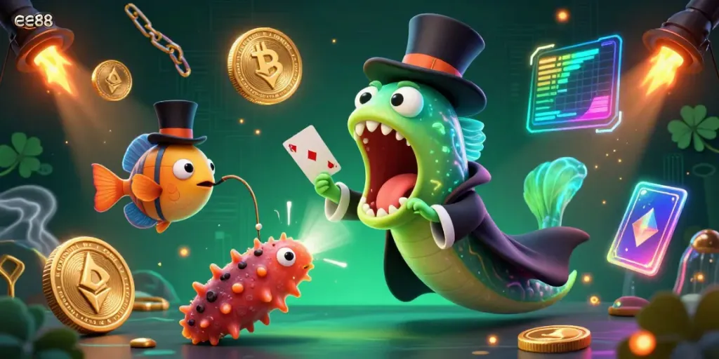 Experience ee88's thrilling card magic performance with vibrant blockchain elements and deep-sea creatures.