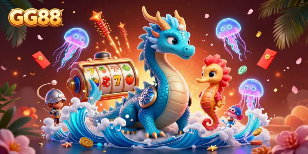 Experience the excitement of GG88 slots with a vibrant underwater scene featuring a majestic dragon and engaging elements.
