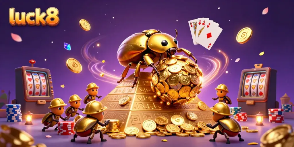 Experience the excitement of luck8 with a 3D illustration of a golden dung beetle rolling a coin ball, surrounded by casino symbols.