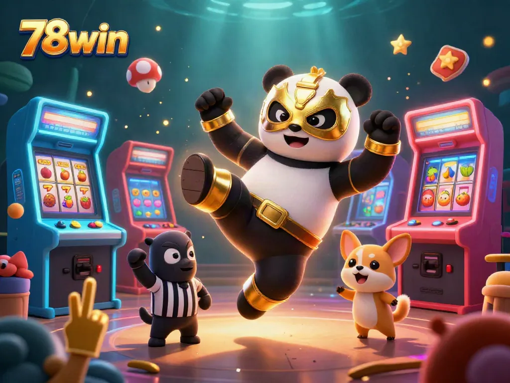 Experience the excitement of 78win with a vibrant illustration of a panda wrestler in action.