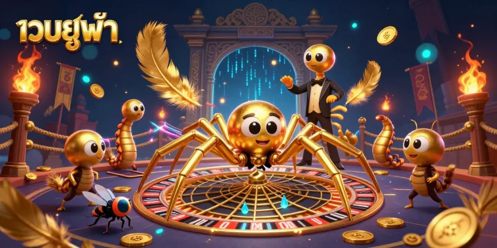 Engage in thrilling bets with เว็บยูฟ่า in this dynamic casino scene featuring a golden spider and croupier.