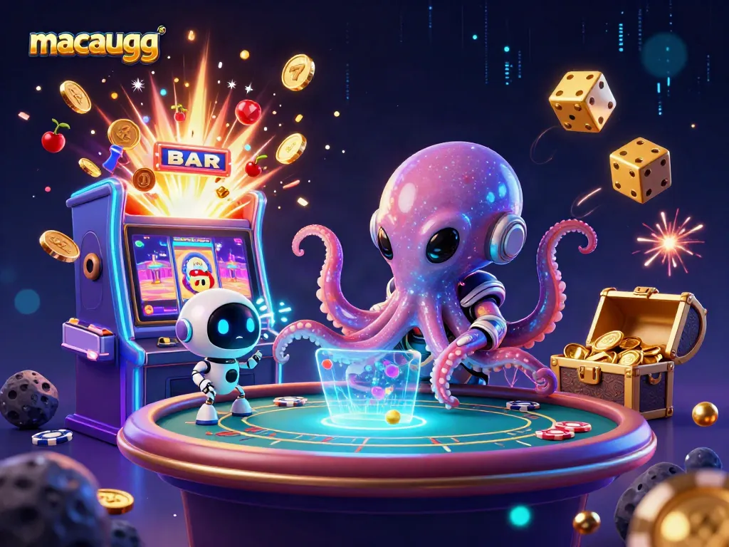 Engaging illustration of macaugg's animated alien octopus managing a holographic poker table amidst vibrant casino elements.