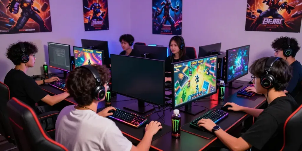Kumpulan teman bermain gacor168 di ruang gaming yang ramai.