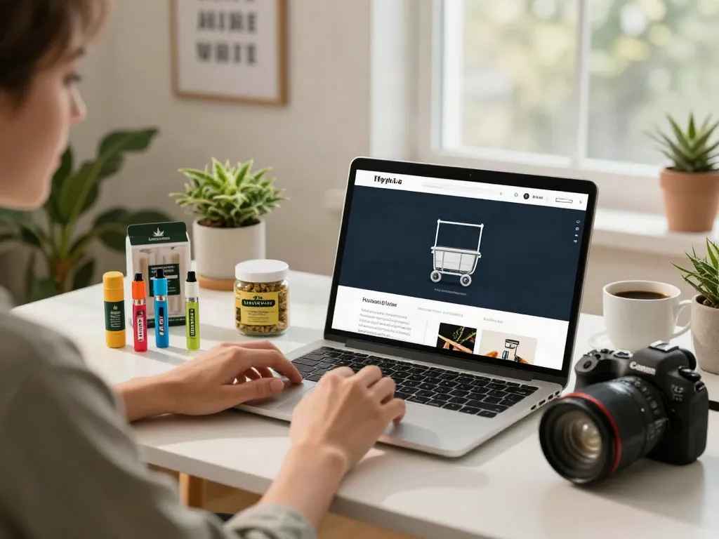 Casual home office shopping scene with Flying horse carts displayed on laptop screen.