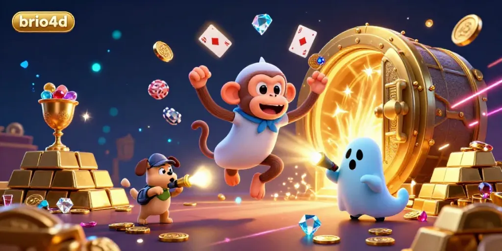 Engage with brio4d's vibrant casino scene featuring a poltergeist monkey and a ghost-hunter puppy, alive with golden treasures.