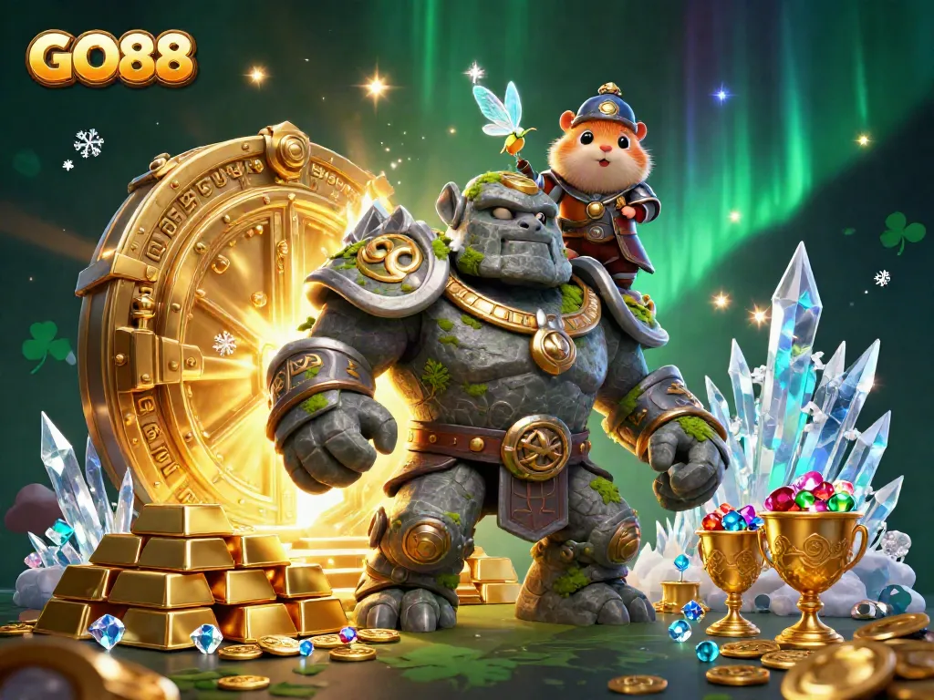 Engage with GO88's thrilling fantasy featuring a golem guardian, hamster knight, and sparkling treasures.