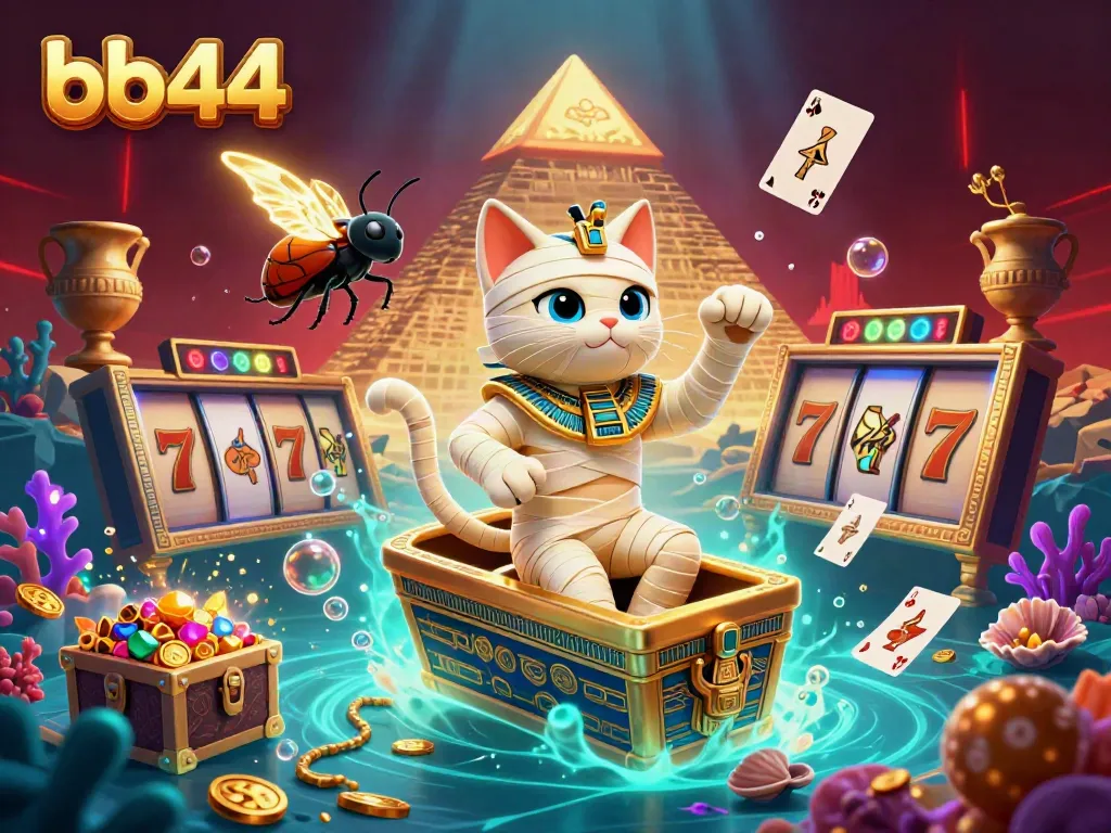 Spin the reels at bb44 with an Egyptian mummy cat and glowing treasures in this vibrant casino scene.