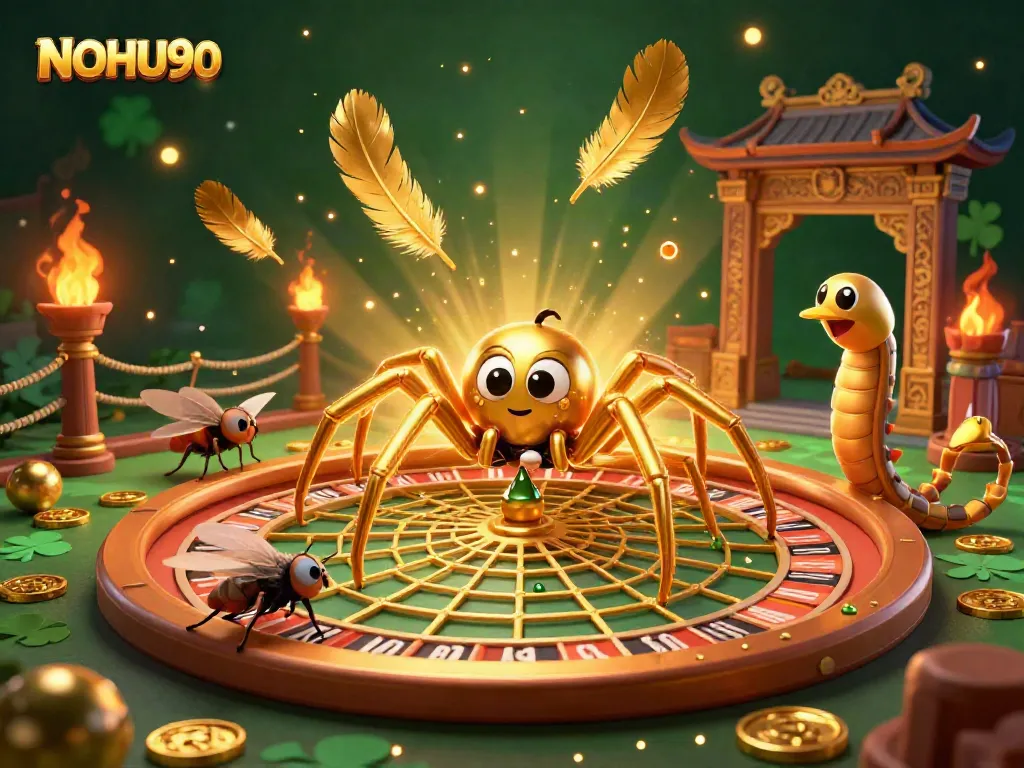 Catch exciting moments with NOHU90 as a golden spider spins a roulette web while a fly places bets.