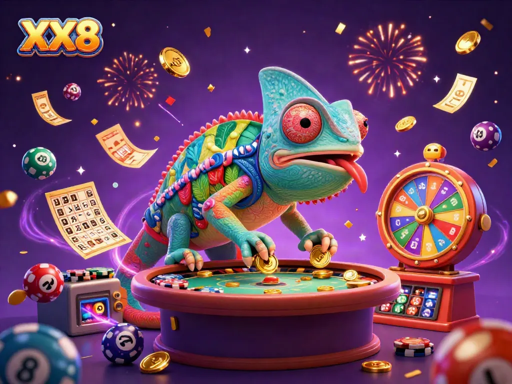 Experience thrilling gameplay with vivid XX8 casino elements featuring a dynamic chameleon and lottery balls.