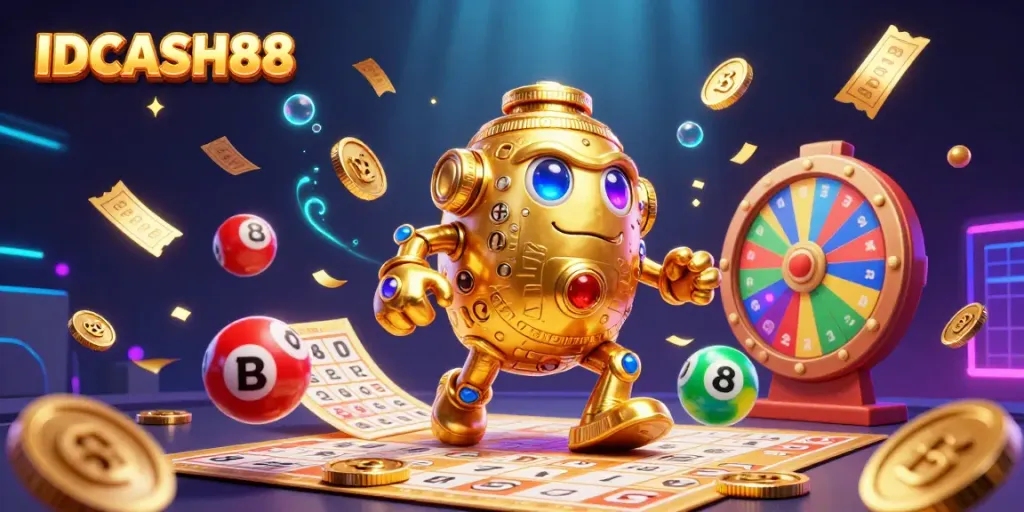 Experience high-energy winnings with IDCASH88 in this vibrant gambling scene filled with colorful lottery elements.