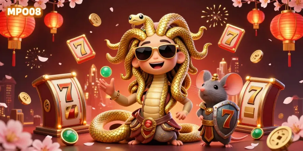 MPO08 offers an engaging visual of a friendly Medusa and warrior mouse amidst a vibrant slot gaming scene with golden elements.