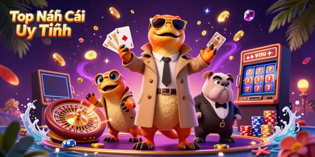Spin to win at Top Nhà Cái Uy Tín with dazzling casino elements and colorful characters in action.