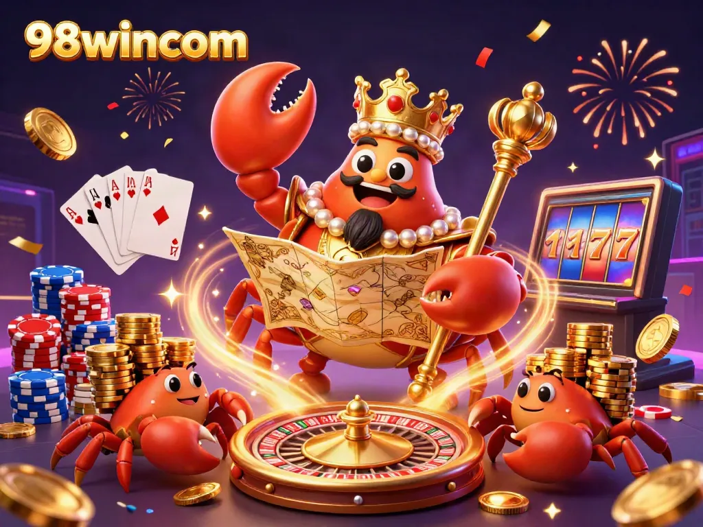 Engage in exciting gameplay at 98wincom featuring a golden crab emperor, games, and treasure.